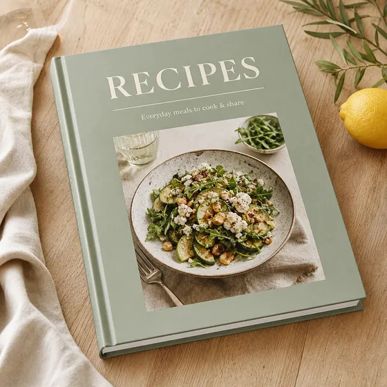 Livre de recettes personnalisé imprimé ouvert sur une table de cuisine