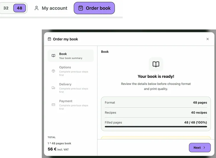 Commande d'un livre de recettes imprimé
